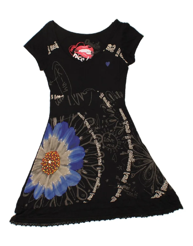 DESIGUAL Womens Graphic A-Line Dress UK 14 Large Black Floral Viscose