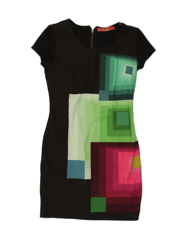 DESIGUAL Womens Graphic Sheath Dress UK 12 Medium Black Geometric