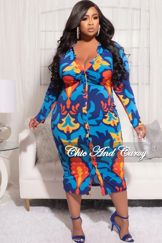 Final Sale Plus Size Collar Button Up Dress in Blue and Orange Design Print