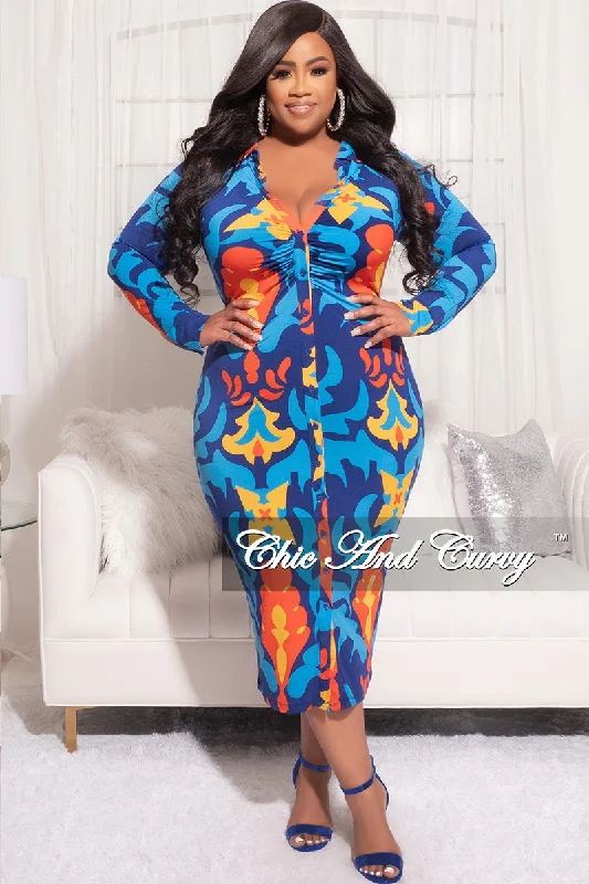 Final Sale Plus Size Collar Button Up Dress in Blue and Orange Design Print