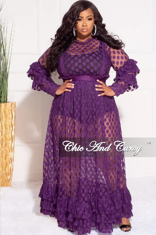 Final Sale Plus Size Polka Dot Sheer Maxi Dress with Ruffle Sleeves and Bottom in Purple