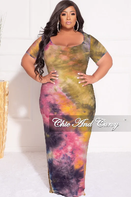 Final Sale Plus Size Short Sleeve Deep Scoop Neck Maxi Dress in Yellow and Pink Tie Dye