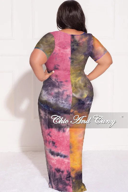 Final Sale Plus Size Short Sleeve Deep Scoop Neck Maxi Dress in Yellow and Pink Tie Dye