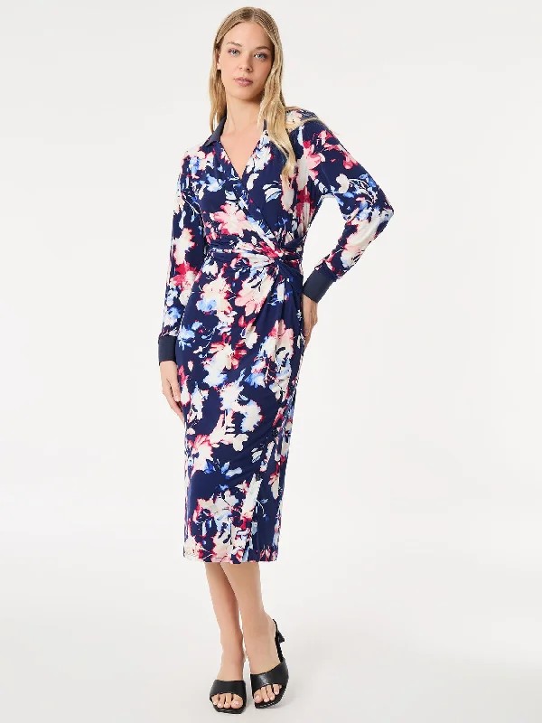 Floral Collared Twist Wrap Midi Dress