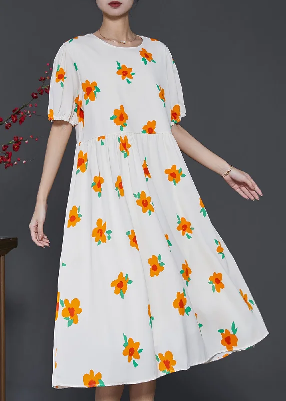 French Apricot Floral Print Cotton Holiday Dress Summer SD1010