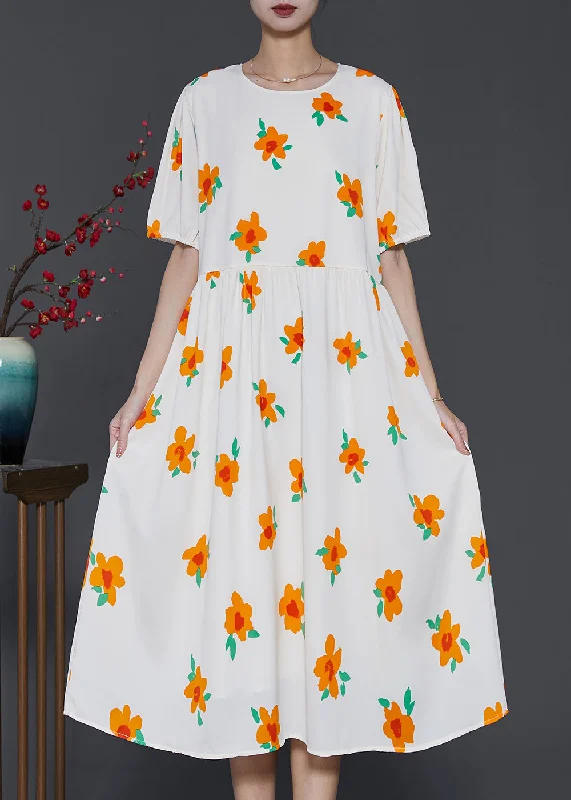 French Apricot Floral Print Cotton Holiday Dress Summer SD1010