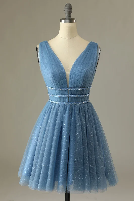 Glitter Grey Blue Tulle Short Prom Dress