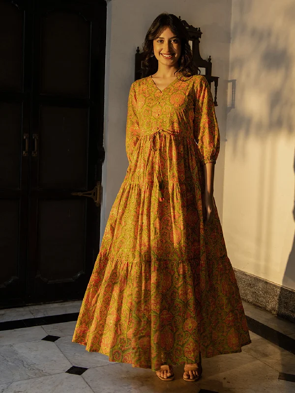 Green Cotton Printed Tiered Dress