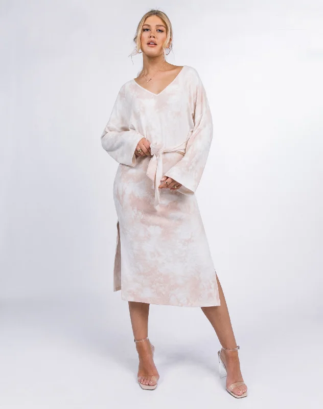 Tie Front Long Sleeve Knit Midi Dress in Cream | Hannah