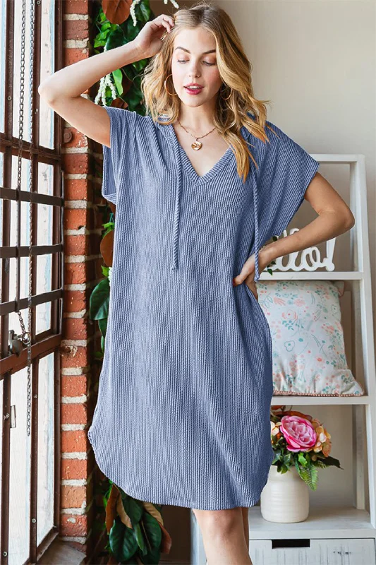 Ribbed Short Sleeve Hooded Dress