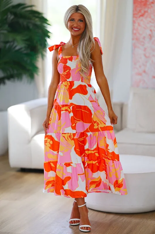 Hibiscus Tea Floral Midi Dress - Orange