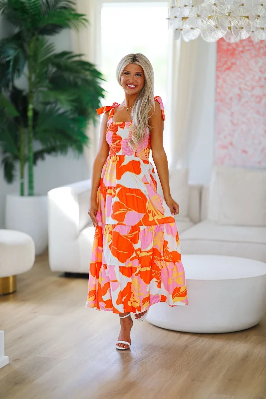 Hibiscus Tea Floral Midi Dress - Orange