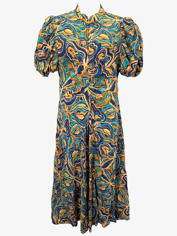 Husk Abstract Puff Sleeve Cocktail Midi Dress Size 16