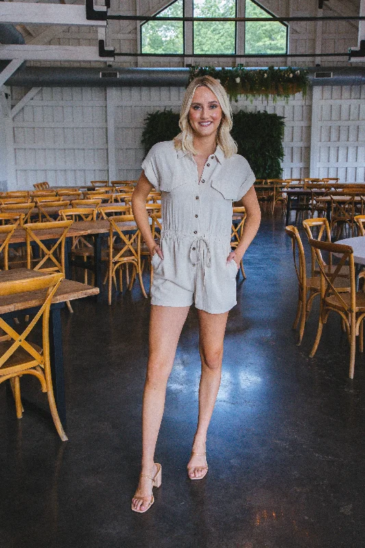 Kate Collared Romper, Light Taupe