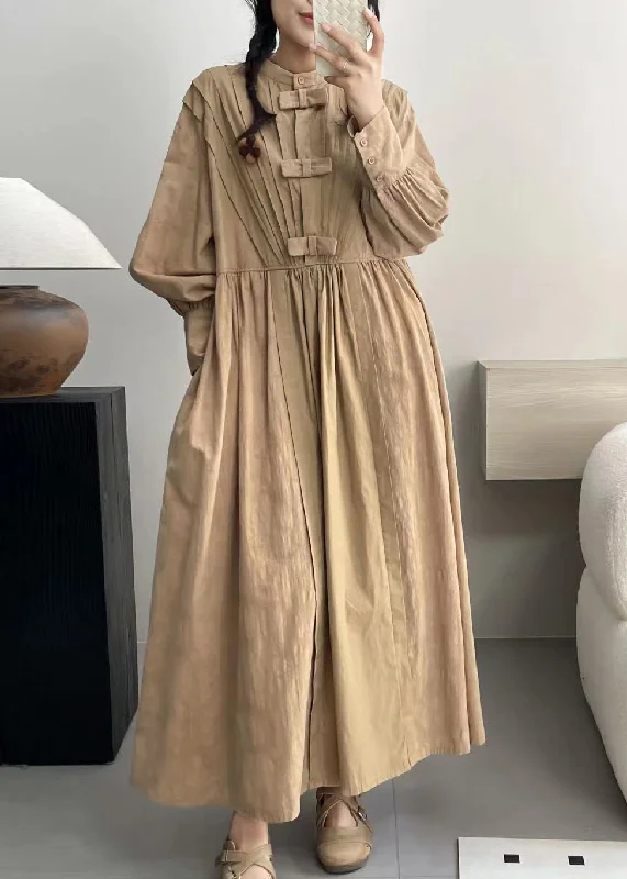 Khaki Pockets Solid Cotton Dresses Stand Collar Spring NN006