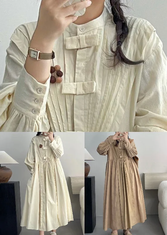 Khaki Pockets Solid Cotton Dresses Stand Collar Spring NN006