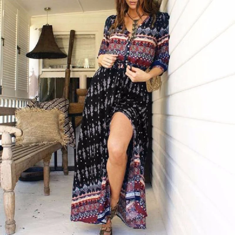 Long Maxi Bohemian V-Neck Floral Three Quarter Sleeve Summer Slip Style Long Dress