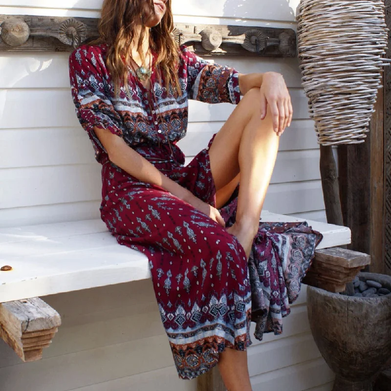 Long Maxi Bohemian V-Neck Floral Three Quarter Sleeve Summer Slip Style Long Dress