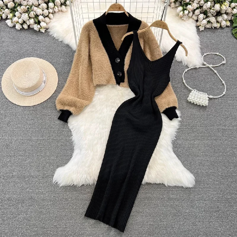 long-sleeved V-neck sweater short coat two-piece set V-neck knitted for women     S4018