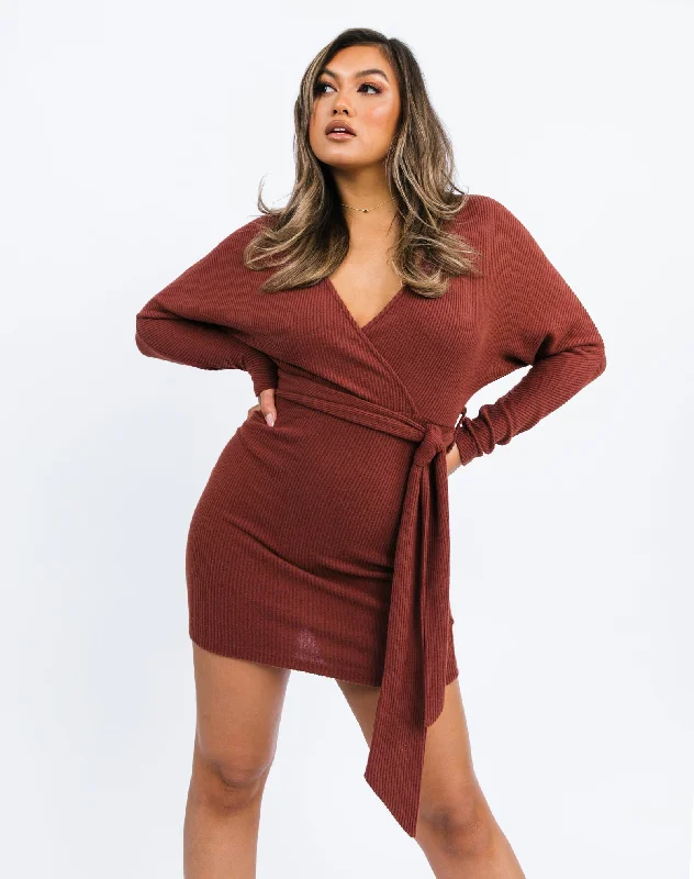 Ribbed Knit Faux Wrap Mini Dress in Chocolate Brown | Lotta