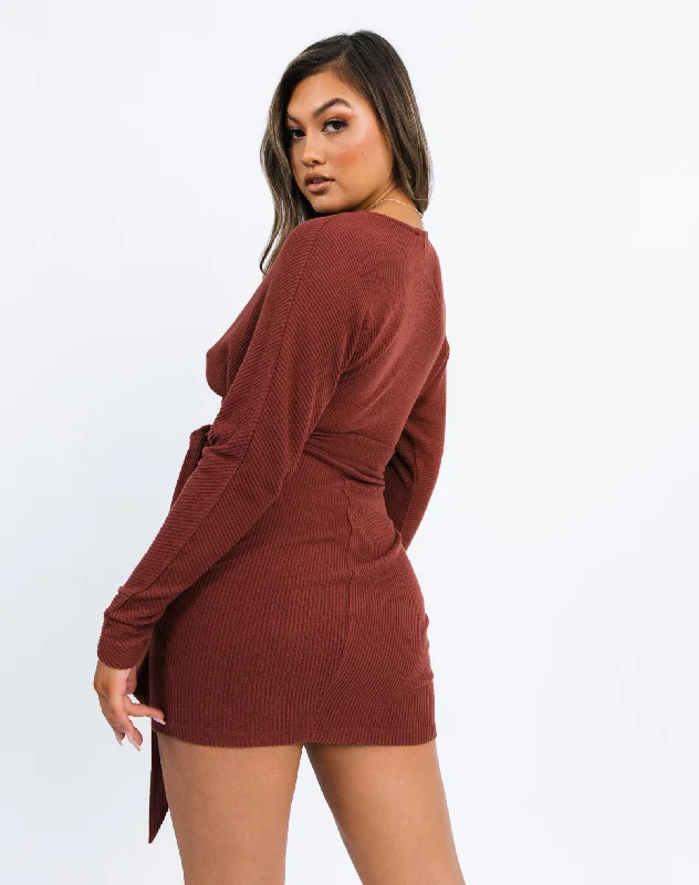 Ribbed Knit Faux Wrap Mini Dress in Chocolate Brown | Lotta