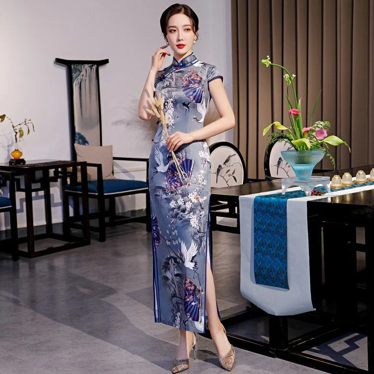 Mandarin Collar Cap Sleeve Traditional Cheongsam Chinese Dress