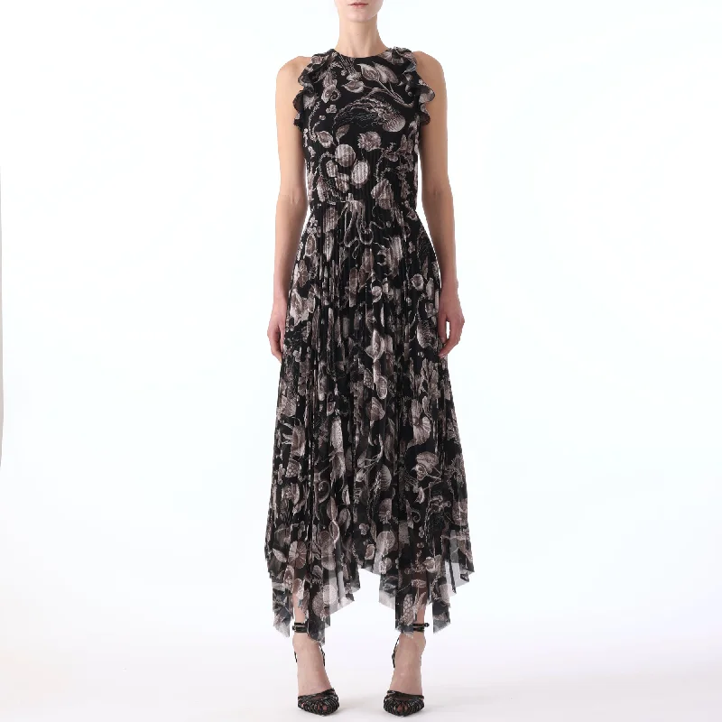 MARINE PRINT PLEATED CHIFFON DRESS