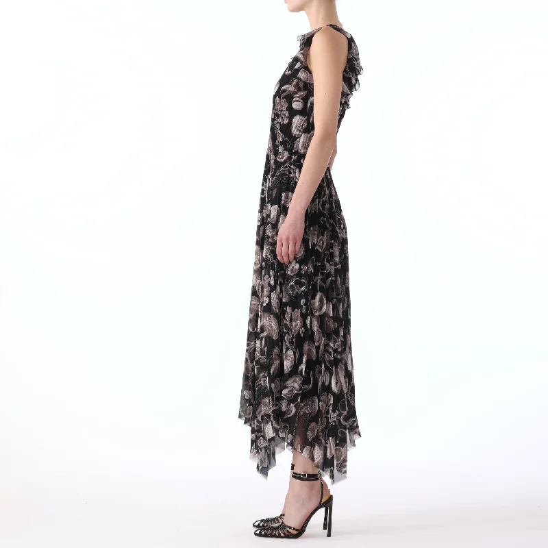 MARINE PRINT PLEATED CHIFFON DRESS