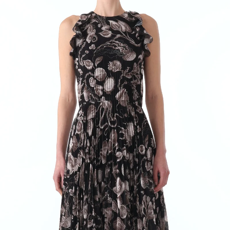 MARINE PRINT PLEATED CHIFFON DRESS