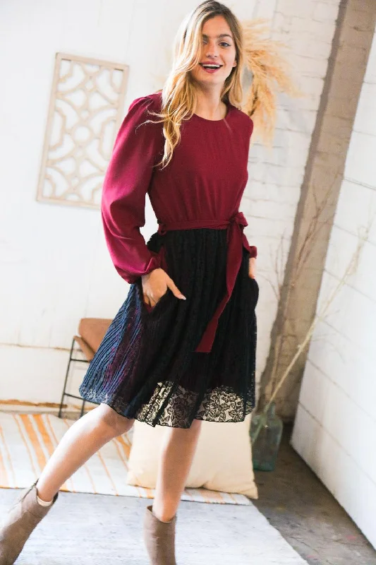 Maroon Black Lace Puff Sleeve Tie Waist Dress