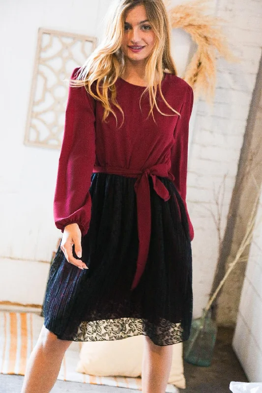 Maroon Black Lace Puff Sleeve Tie Waist Dress