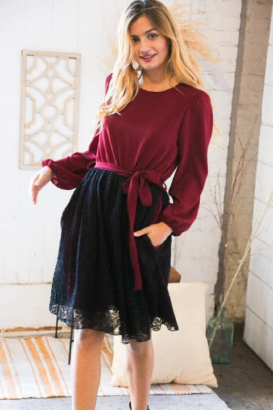 Maroon Black Lace Puff Sleeve Tie Waist Dress