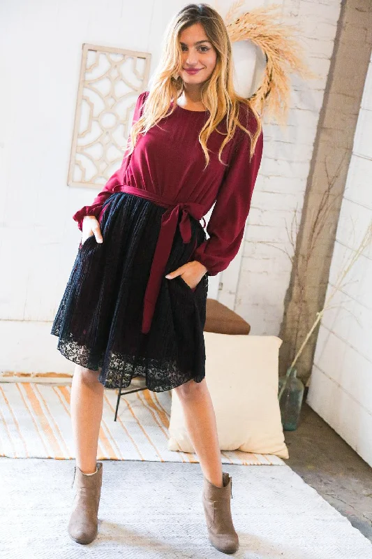 Maroon Black Lace Puff Sleeve Tie Waist Dress