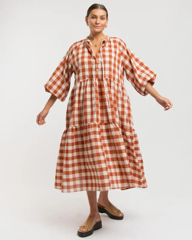 Maxi Avalon Smock Dress | Rust Gingham