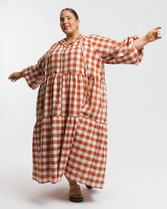 Maxi Avalon Smock Dress | Rust Gingham