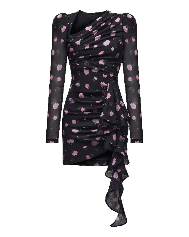 MILIANA, MINI DRESS BLACK WITH PINK ROSE PRINT