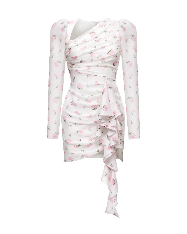 MILIANA, MINI DRESS MILKY WITH PINK ROSE PRINT