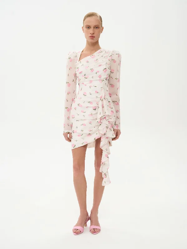 MILIANA, MINI DRESS MILKY WITH PINK ROSE PRINT