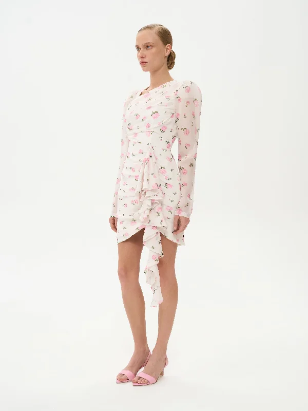 MILIANA, MINI DRESS MILKY WITH PINK ROSE PRINT