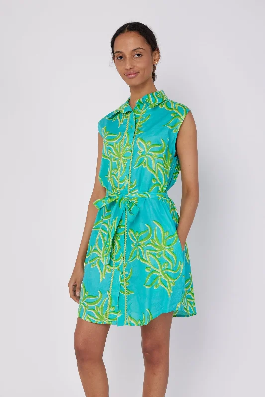 Carlotta Short Sleeve Shirt Dress with Pockets and Detachable Belt in Green Abstract Flower