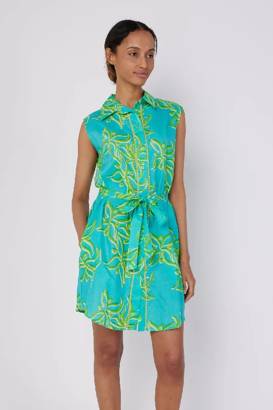 Carlotta Short Sleeve Shirt Dress with Pockets and Detachable Belt in Green Abstract Flower