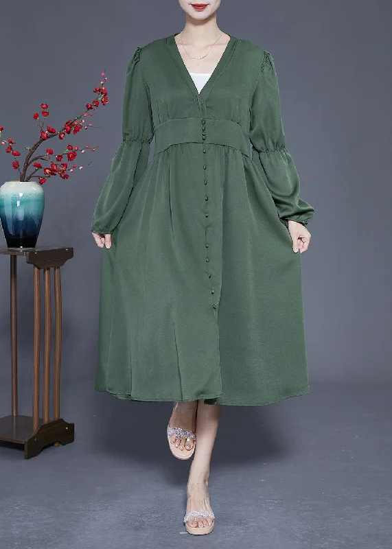 Momentlover Modern Green V Neck Cinched Patchwork Button Silk Dress Spring LY1947