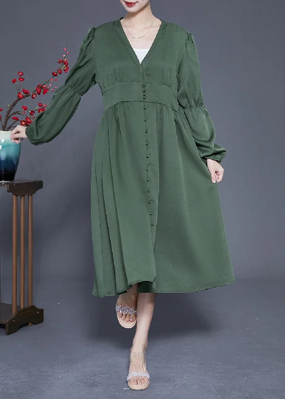 Momentlover Modern Green V Neck Cinched Patchwork Button Silk Dress Spring LY1947