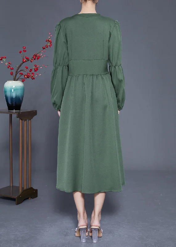 Momentlover Modern Green V Neck Cinched Patchwork Button Silk Dress Spring LY1947