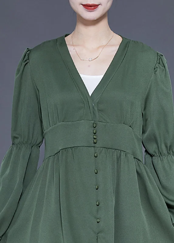 Momentlover Modern Green V Neck Cinched Patchwork Button Silk Dress Spring LY1947