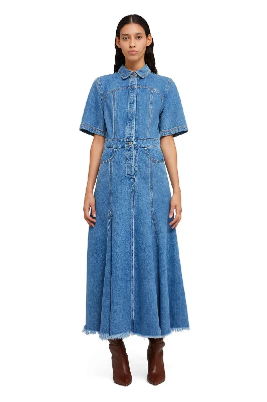 MSGM Short Sleeve Denim Midi Dress - Blue