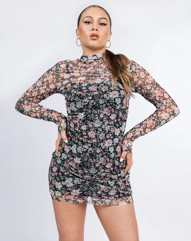 Mesh High Neck Long Sleeve Mini Dress in Floral | Ophelia