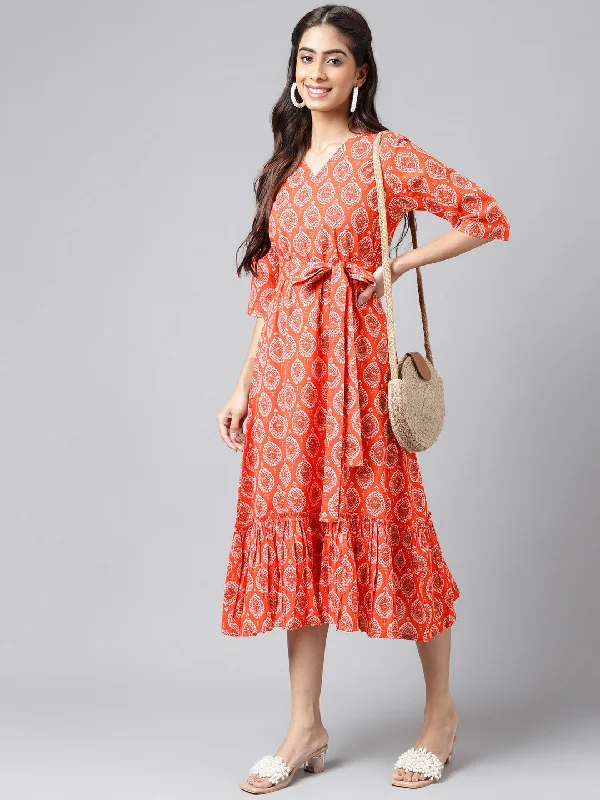 Orange Cotton Ethnic Motifs Printed Ruffled Dress