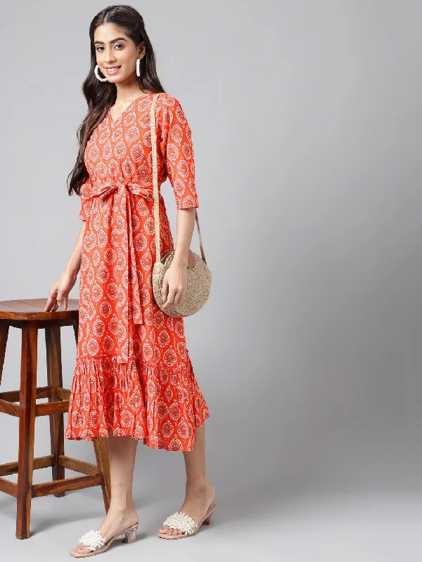 Orange Cotton Ethnic Motifs Printed Ruffled Dress