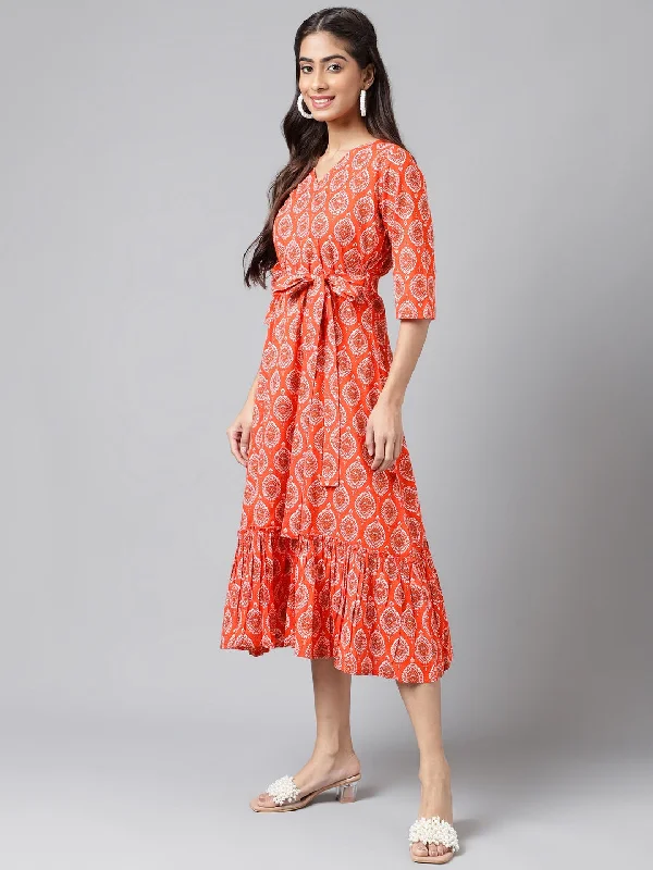 Orange Cotton Ethnic Motifs Printed Ruffled Dress